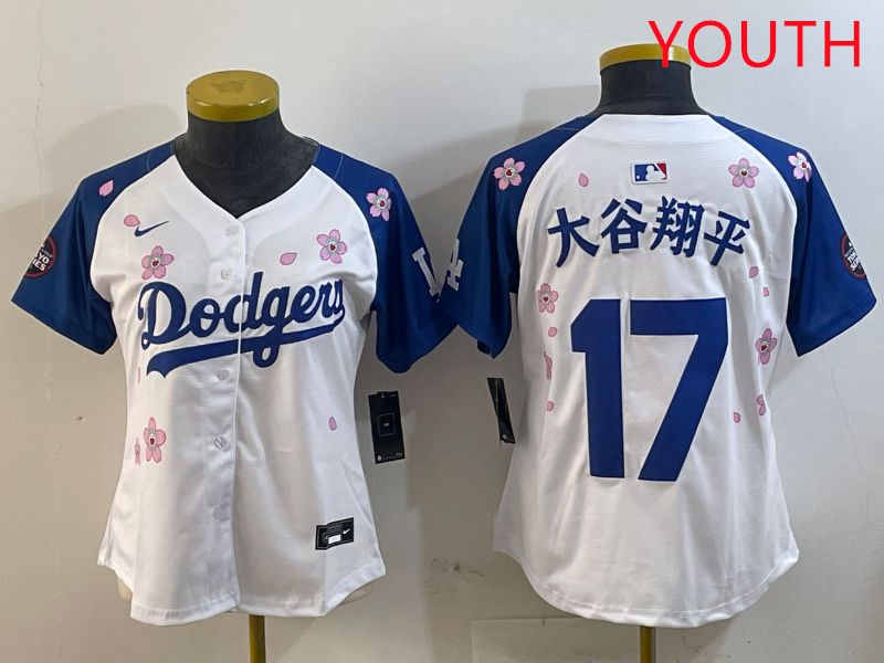 Youth Los Angeles Dodgers #17 Ohtani White Blue Sakura Edition 2025 Nike MLB Jersey style 18
